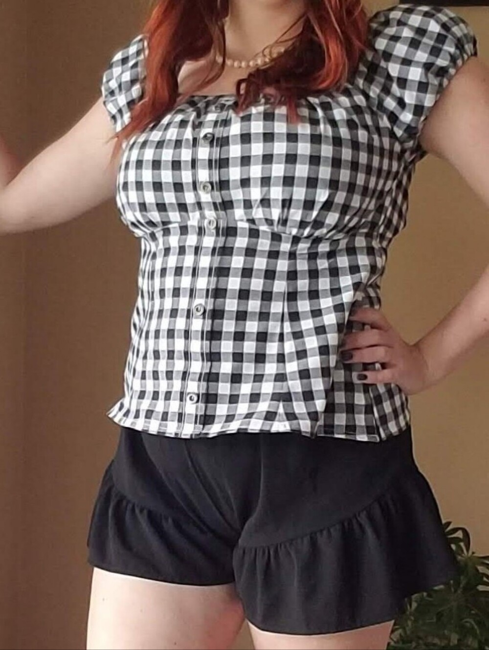 Upcycled Black White Gingham Plaid Peasant Top Cottagecore Coquette Medium‎ M